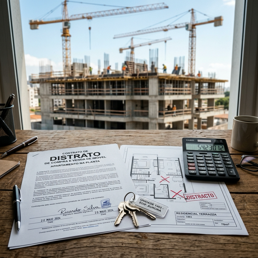 Chaves e contrato de compra e venda sobre uma planta de apartamento em obras, representando o distrato de imóvel na planta.
