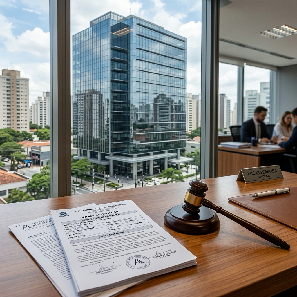 Fachada de um edifício comercial com documentos de cobrança em primeiro plano, representando a cobrança de cotas condominiais.