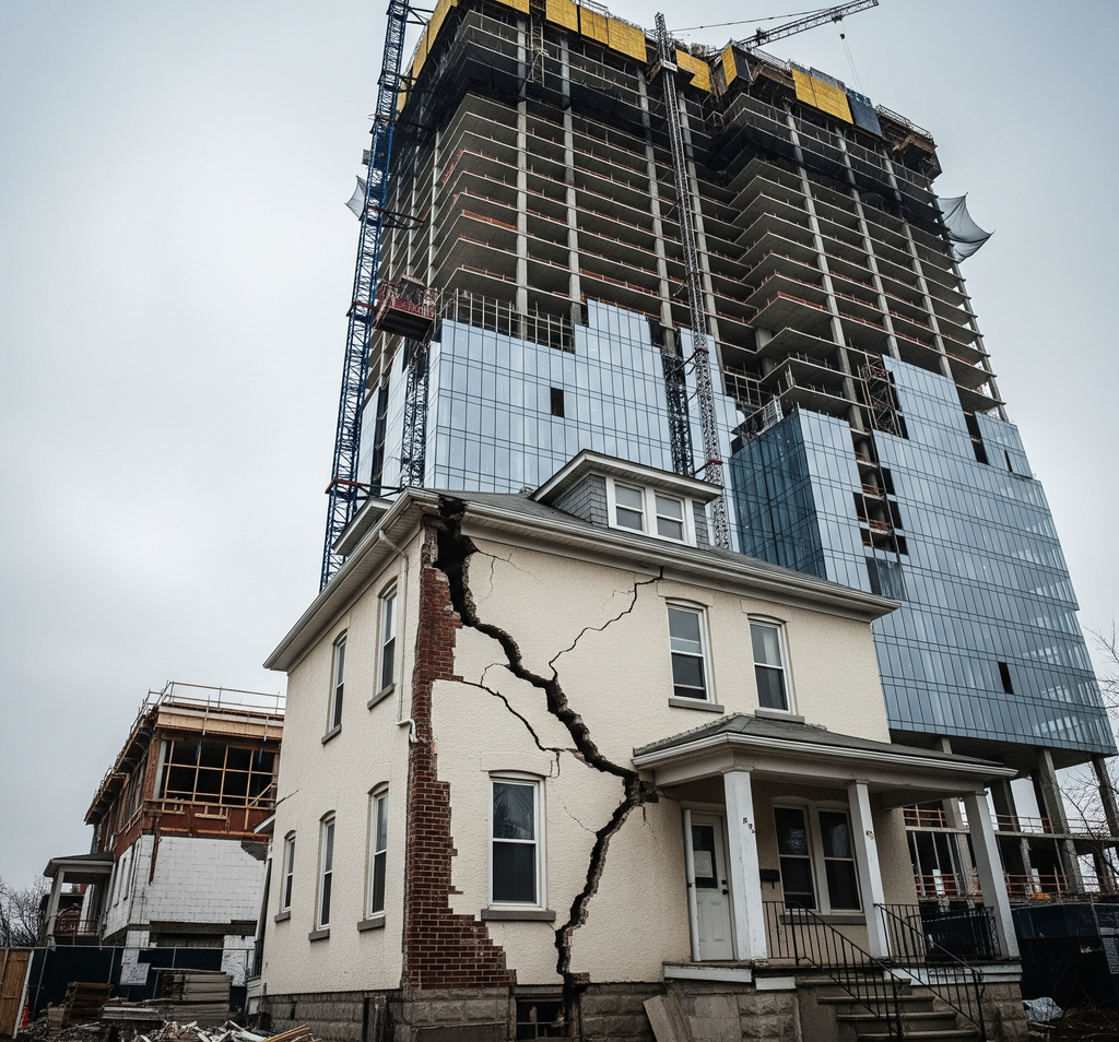 imagem de um prédio em ruínas perto de uma casa