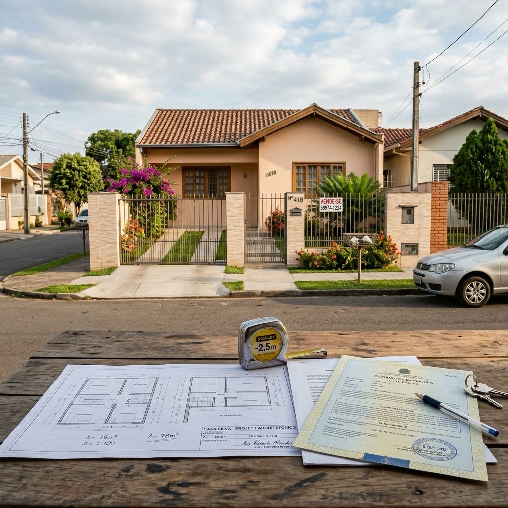Casa urbana modesta com portão e quintal, representando o imóvel objeto da usucapião familiar.
